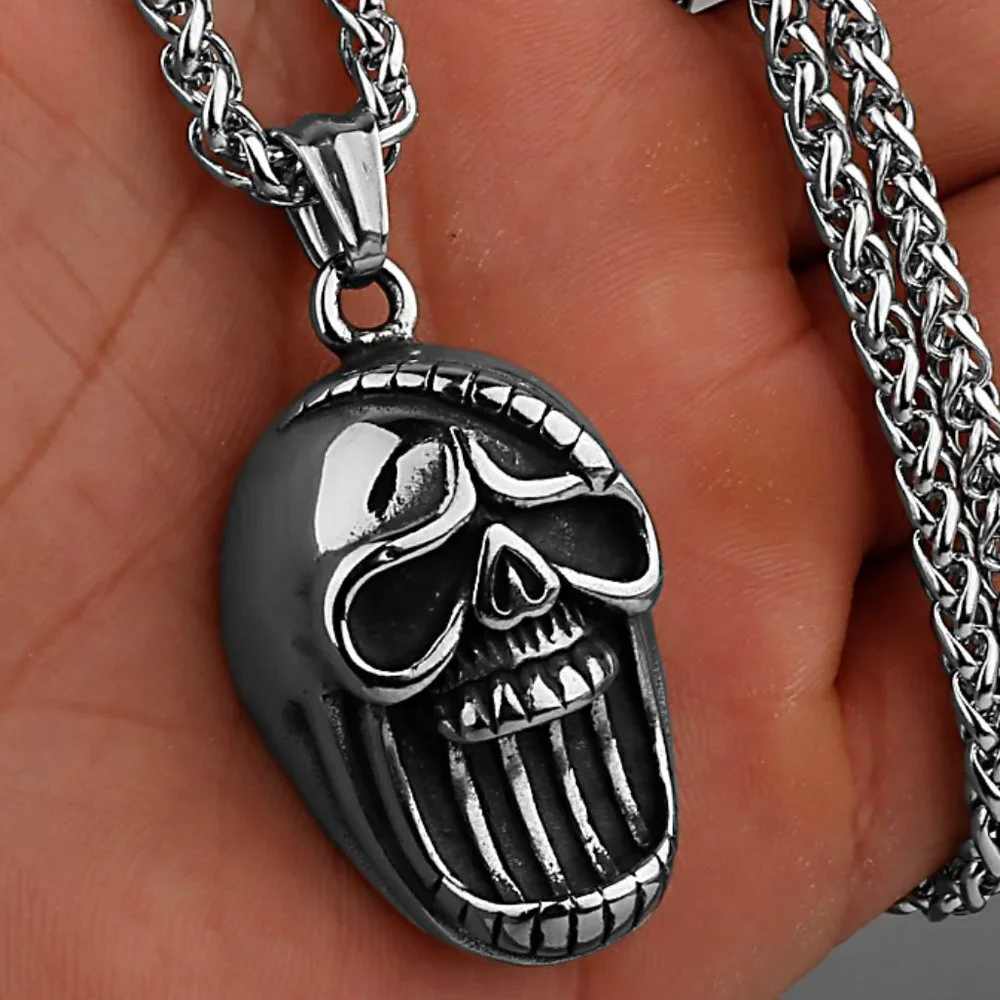 ❤️Retro Exaggerated Big Mouth Skull Head Stainless Steel Necklace,GP1231495